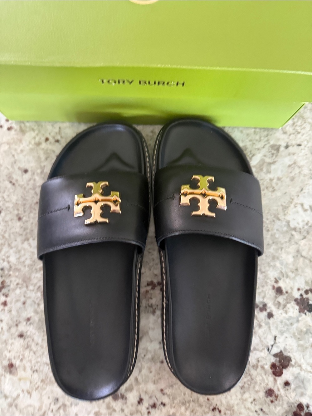 Tory Burch Black Leather Slide Sandals with Gold Logo Sz 7.5